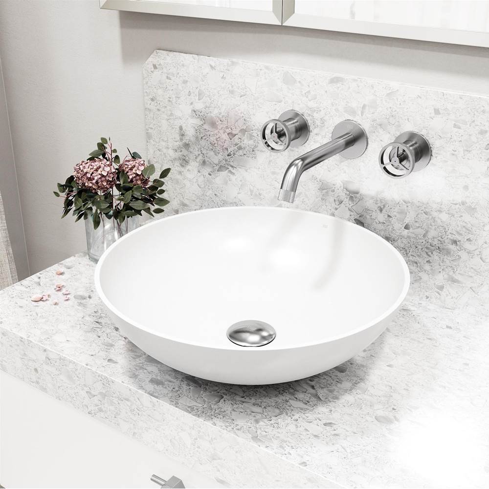 Vigo Matte Stone Lotus Composite Round Vessel Bathroom Sink in White with Wall-Mount Faucet and Drain in Brushed Nickel