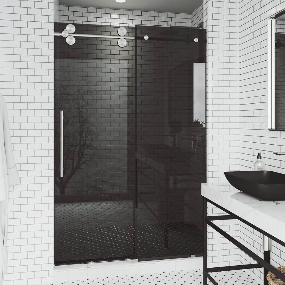 Vigo Elan 56 to 60 in. x 74 in. Frameless Sliding Shower Door in Stainless Steel with Black Glass and Handle