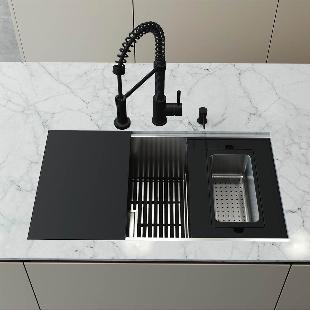 Vigo Hampton Stainless Steel 32 in. Single Bowl Undermount Workstation Kitchen Sink with Matte Black Faucet and Accessories