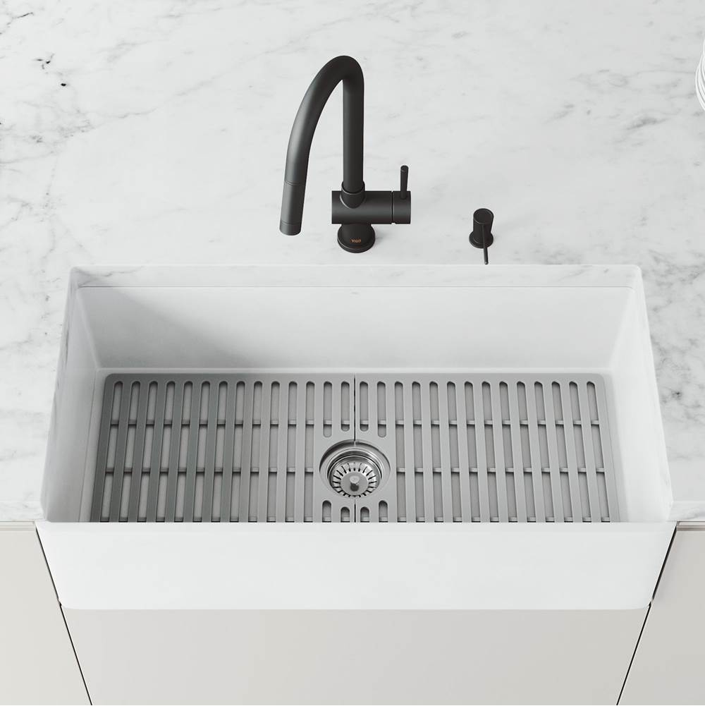 Vigo Matte Stone 36-In X 18-In White Single-Basin Standard Undermount Flat Apron Front/Farmhouse Residential/Commercial Kitchen Sink Set With Sil
