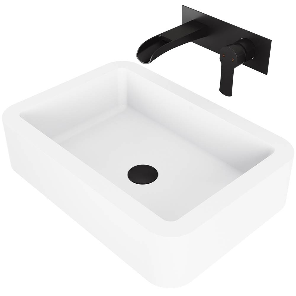 Vigo Petunia Matte Stone Vessel Bathroom Sink Set With Cornelius Wall Mount Bathroom Faucet In Matte Black