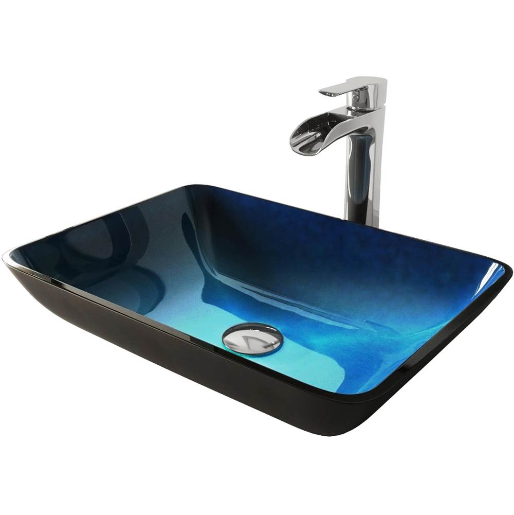 Vigo Rectangular Turquoise Water Glass Vessel Bathroom Sink Set With Niko Vessel Faucet In Chrome