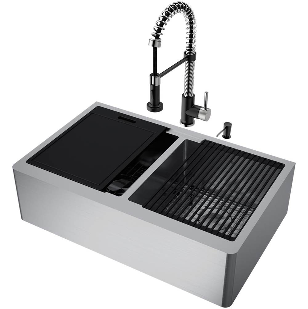 Vigo 33'' Oxford Stainless Steel Flat Apron Double-Bowl Kitchen Sink Workstation With Edison Faucet And Soap Dispenser