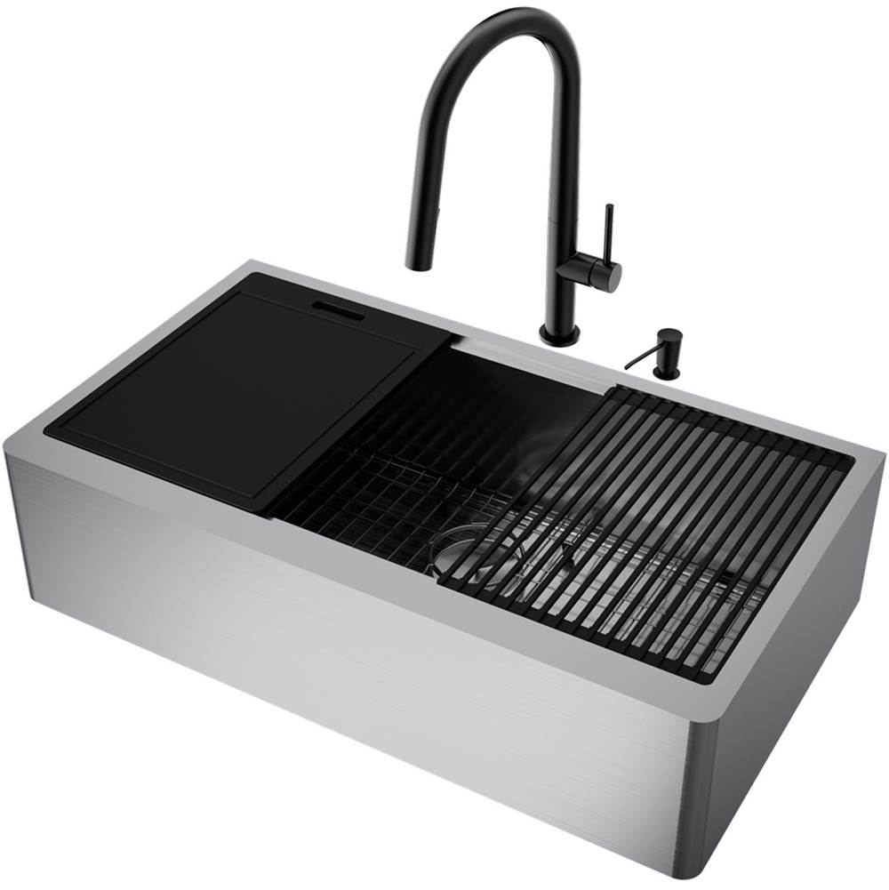 Vigo 36'' Oxford Stainless Steel Flat Apron Kitchen Sink Workstation With Matte Black Greenwich Faucet And Soap Dispenser