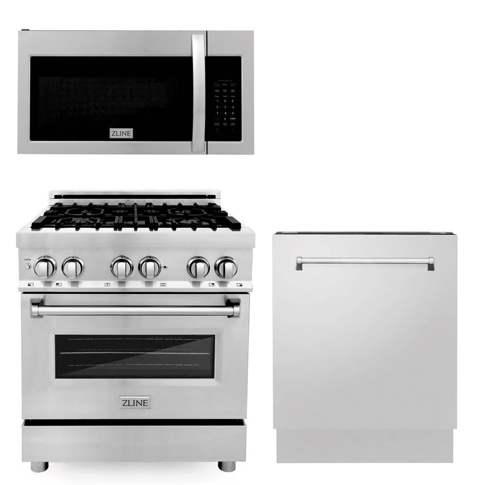 Z-Line 30'' Kitchen Package with Stainless Steel Dual Fuel Range, Modern Over The Range Microwave and Tall Tub Dishwasher