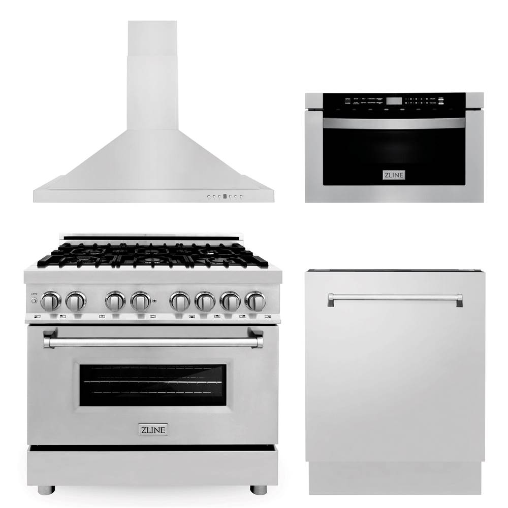 Z-Line 36'' Kitchen Package with Stainless Steel Dual Fuel Range, Range Hood, Microwave Drawer and Tall Tub Dishwasher