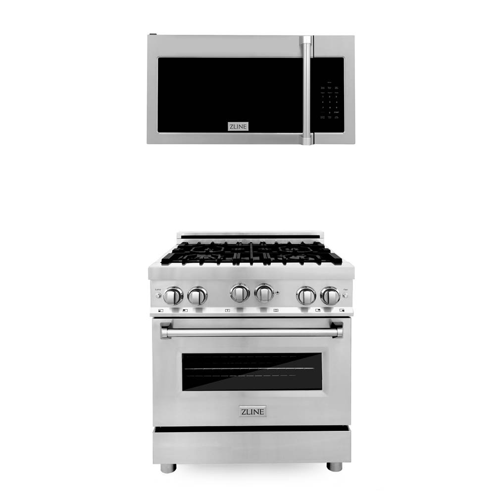Z-Line 30'' Kitchen Package Stainless Steel Gas Range and Over The Range Microwave with Traditional Handle