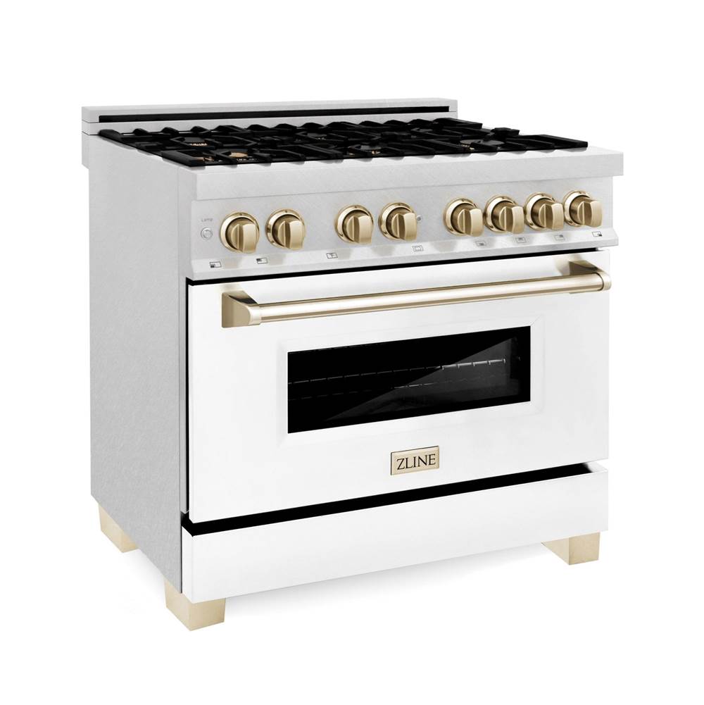 Z-Line 36'' 4.6 cu.' Range with Gas Stove and Gas Oven in DuraSnow Stainless Steel with White Matte Door and Champagne Bronze Accents