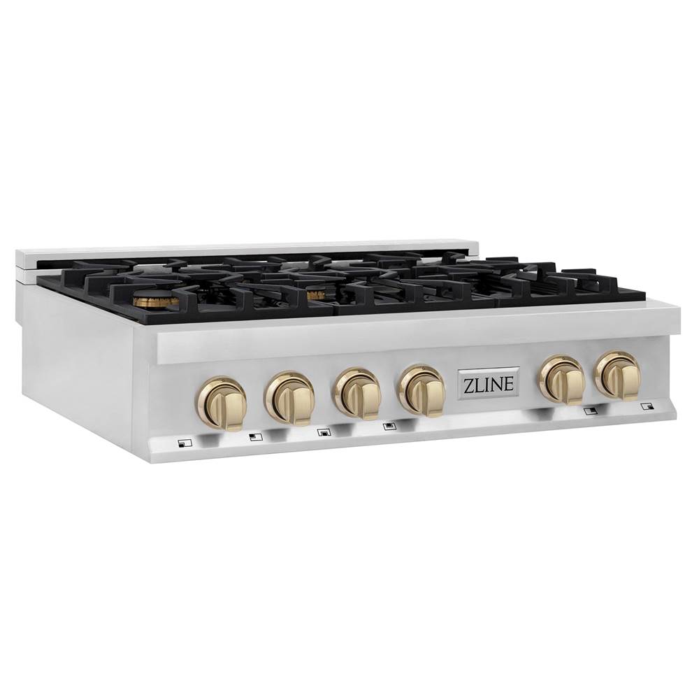 Z-Line Autograph Edition 36'' Porcelain Rangetop with 6 Gas Burners in Stainless Steel and Gold Accents