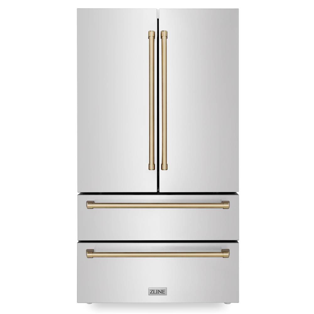 Z-Line 36'' Autograph Edition 22.5 cu. ft Freestanding French Door Refrigerator with Ice Maker in Fingerprint Resistant Stainless Steel with Champagne Bronze Accents