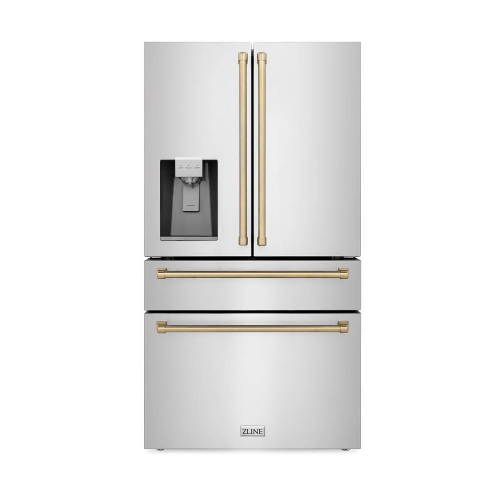 Z-Line 36'' Autograph Edition 21.6 cu. ft Freestanding French Door Refrigerator with Water and Ice Dispenser in Fingerprint Resistant Stainless Steel with Champagne Bronze Accents (RFMZ-36-CB)