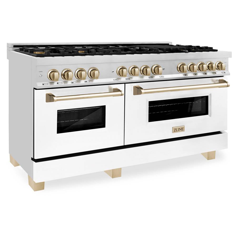 Z-Line Autograph Edition 60'' 7.4 cu.' Dual Fuel Range with Gas Stove and Electric Oven in Stainless Steel with White Matte Door and Gold Accents