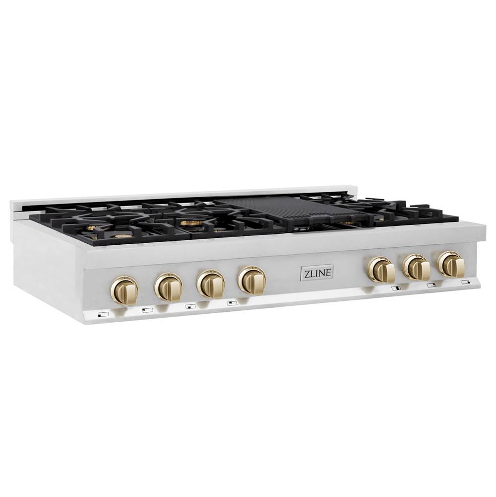 Z-Line Autograph Edition 48'' Porcelain Rangetop with 7 Gas Burners in Stainless Steel and Gold Accents