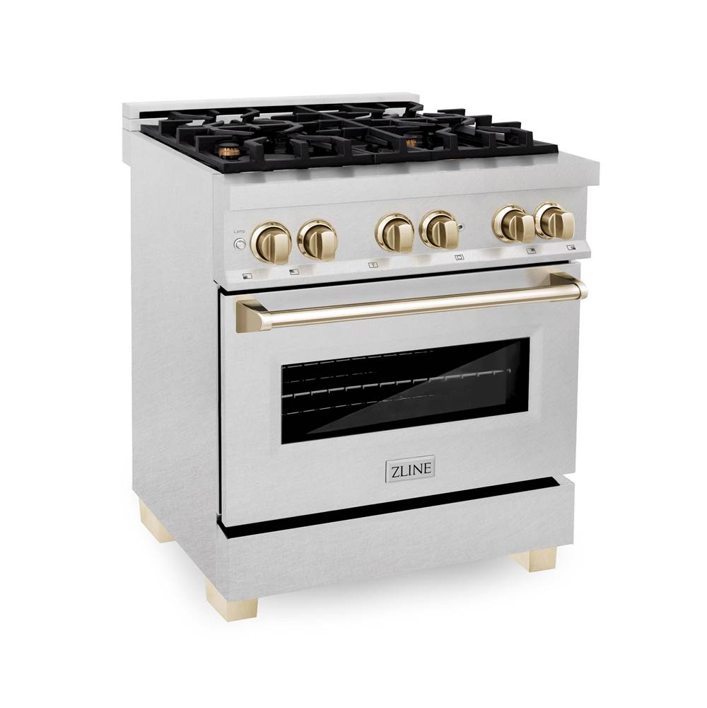 Z-Line Autograph Edition 30'' 4.0 cu.' Dual Fuel Range with Gas Stove and Electric Oven in DuraSnow Stainless Steel with Gold Accents